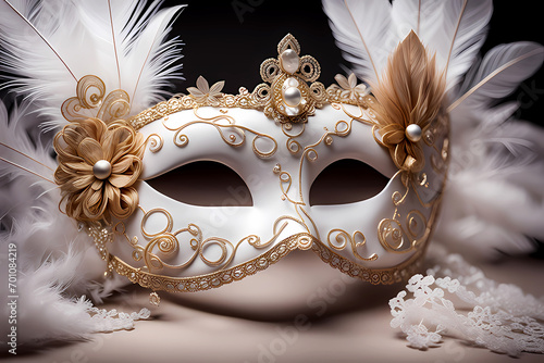 Colorful carnival celebration with a close-up eye mask and Venetian mask, gold, and white carnival mask with the feather, close-up of a Venetian masque for a carnival celebration