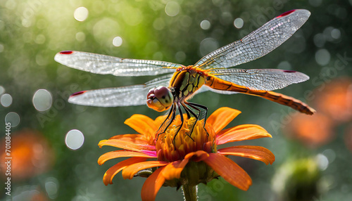 dragonfly on a white flower in the rays of the setting sun © Im