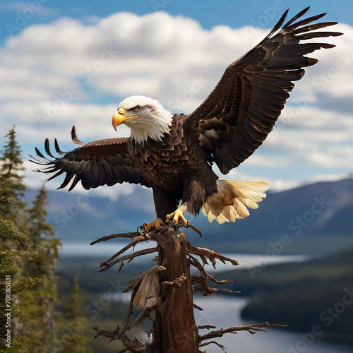 Soaring Against a Clear B  a Regal Bald Eagle with Sharp Eyes in a Hyper Realistic Illustration Photo ai Art