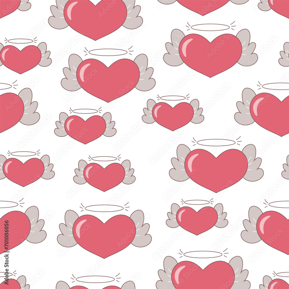 Happy Valentines day pattern for greeting cards, posters, wrapping, pack paper. Modern love design with red hearts and wings Happy Valentines day pattern for greeting cards, posters, wrapping, pack paper. Modern love design with red hearts and wings