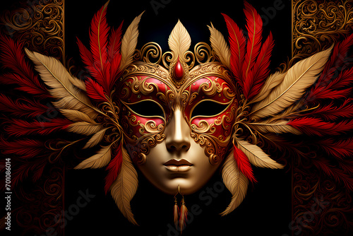 Colorful carnival celebration with a close-up eye mask and Venetian mask, gold, and red carnival mask with the red feather, close-up of a Venetian masque for a carnival celebration © ABDULLAH