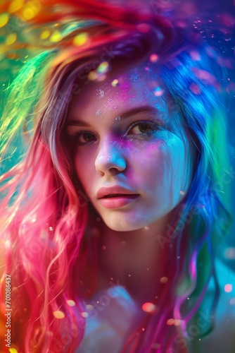 Rainbow Dreamscape Portrait of Young Woman. Vividly colourful portrait of a young woman with rainbow hair, sparkling rain effects.
