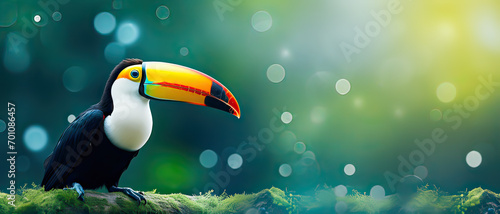 illustration of Toucan bird in forest , Blurred background ,Wild animal for World wildlife day.