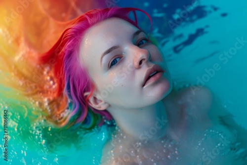 Aquatic Serenity - Woman with Rainbow Hair. Serene underwater woman with a vibrant splash of rainbow colors.