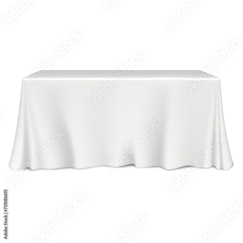 Table covered with white blank tablecloth realistic vector mock-up. Mockup template for design