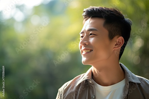Young chinese man smiling in a public park. Positive and success concepts.
