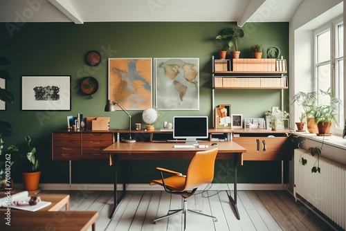 Scandinavian mid-century home office in Copenhagen, showcasing a functional workspace with retro-inspired furniture © CREATER CENTER
