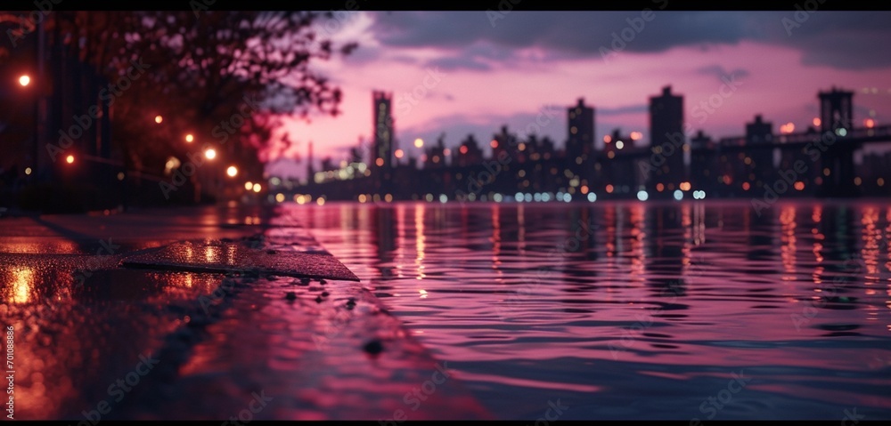 A peaceful urban riverside at dawn, neon riverside dawn pink veins in the water and cityscape,