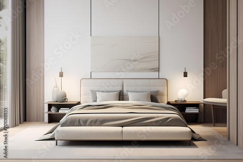Serene modern classic minimalist bedroom featuring a sleek bed  monochromatic palette  and soft ambient lighting
