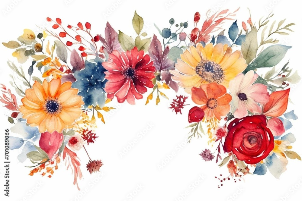 Watercolor floral square frame with vibrant red, yellow, blue, and orange wildflowers, asters, roses, and peonies, isolated on white. Generative AI