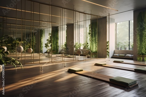 Serene spoty yoga space featuring floor-to-ceiling mirrors, soft lighting, and vibrant greenery for a calming ambiance
