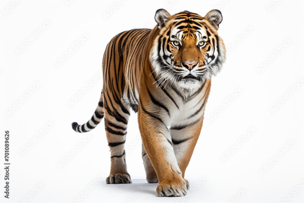 Naklejka premium Siberian Tiger standing on a white background. Animal front-right portrait.