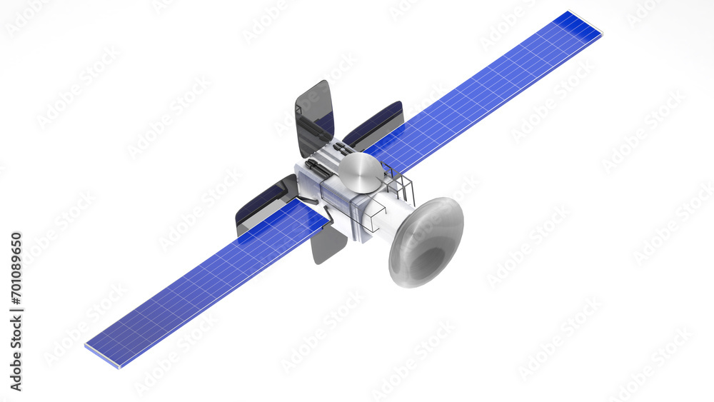 Communication satellite from space on isolated white background., 3D rendering Communication satellite from space on isolated white background., 3D rendering