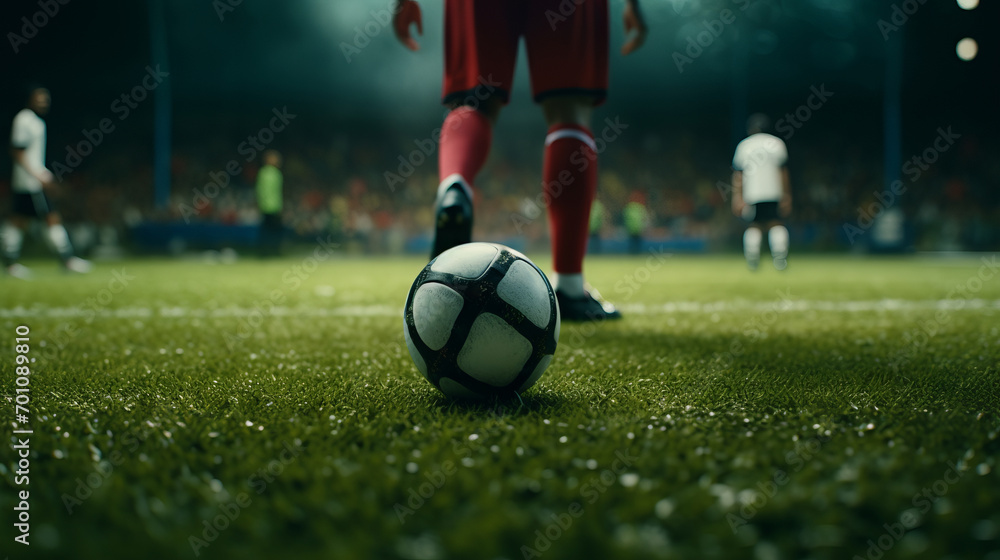 Obraz premium Footballer Dribbling Ball. Close-Up Sports Venue Scene