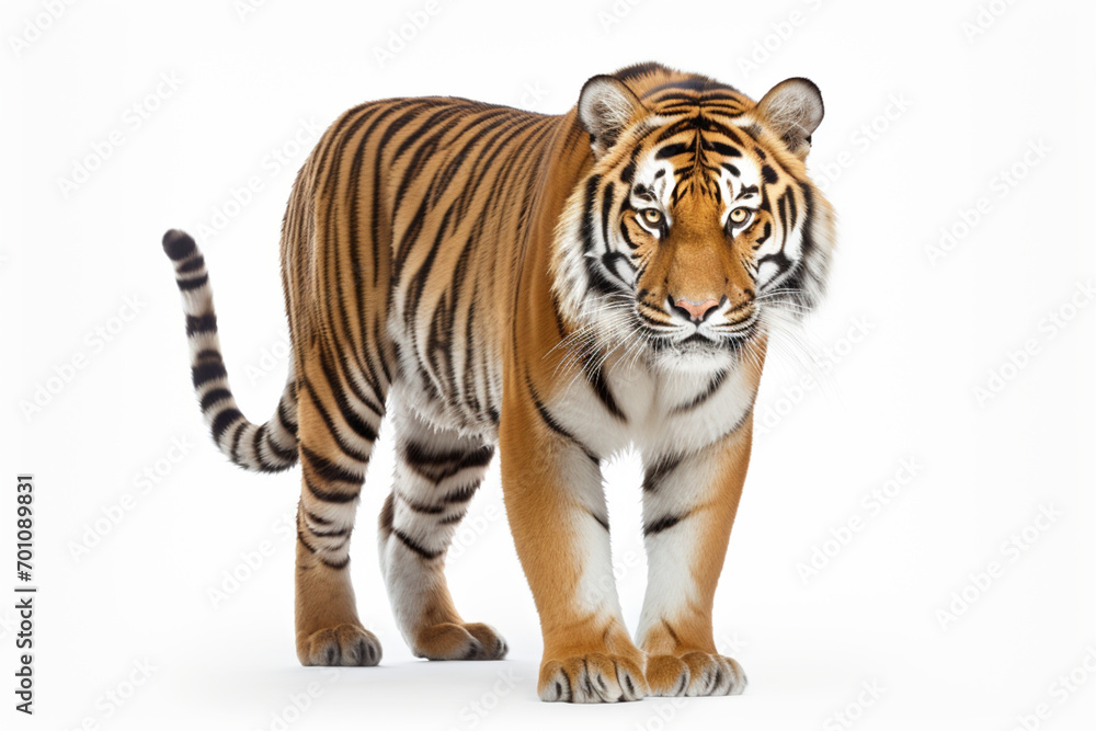 Obraz premium Siberian Tiger standing on a white background. Animal right-side portrait.