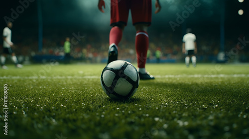 Footballer Dribbling Ball. Close-Up Sports Venue Scene © Professional Art