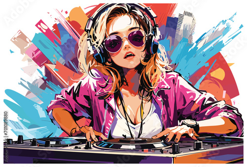 cool female DJ with sunglasses, disc jockey on turntables