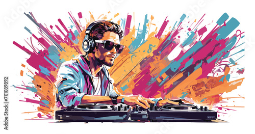 A cool DJ with sunglasses, disc jockey on turntables, colourful illustration