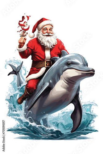 santa riding dolphin, vector art, on a white background