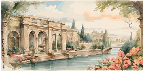 vintage watercolor drawing of a palace garden, a palace garden in the style Stone arches overlooking the river and the nature with trees, flowers, birds in vintage style