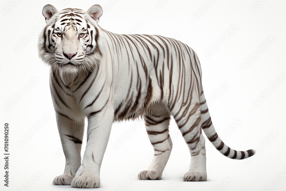 Obraz premium White Tiger standing on a white background. Animal left-side portrait.