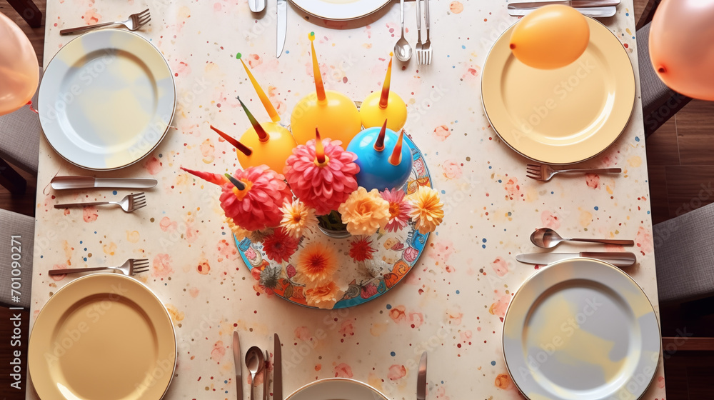 coffee and cake, birthday table setting , top down view coffee and cake, birthday table setting , top down view