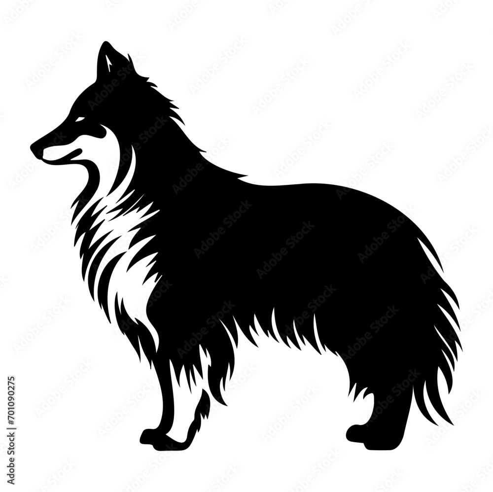 Standing Shetland Sheepdog Dog, Shetland Sheepdog Dog monochrome clip art. Vector illustration