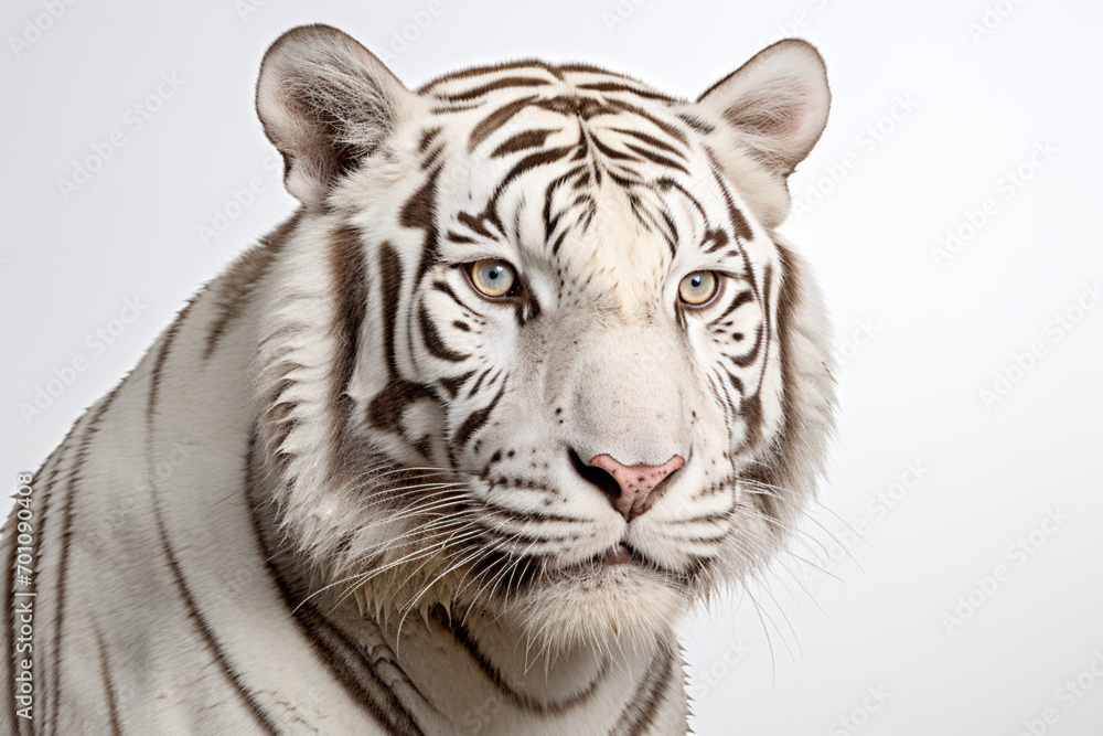 Fototapeta premium White Tiger close-up portrait on a white background.