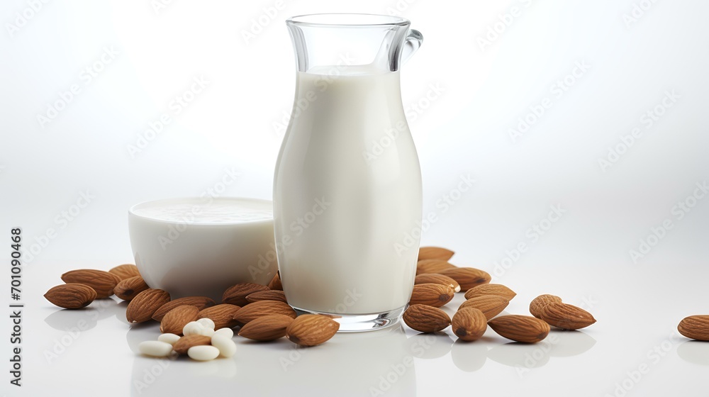 Milk in a glass and almonds on a white background, close-up Milk in a glass and almonds on a white background, close-up