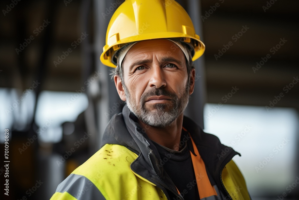 Portrait of mature professional man, wearing a helmet and safety gear, operating heavy machinery at a construction site Portrait of mature professional man, wearing a helmet and safety gear, operating heavy machinery at a construction site