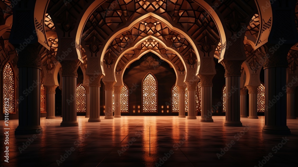 Interior of Mosque, Concept of Ramadan Kareem, Islamic Background, Generative Ai