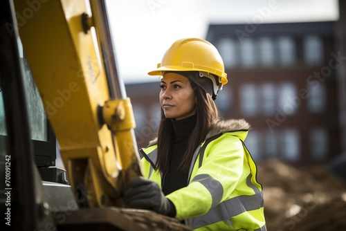 Woman in safety gear working on a construction site, operating heavy machinery during the excavation process photo