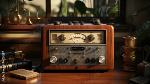 Vintage radio on the wooden table photo