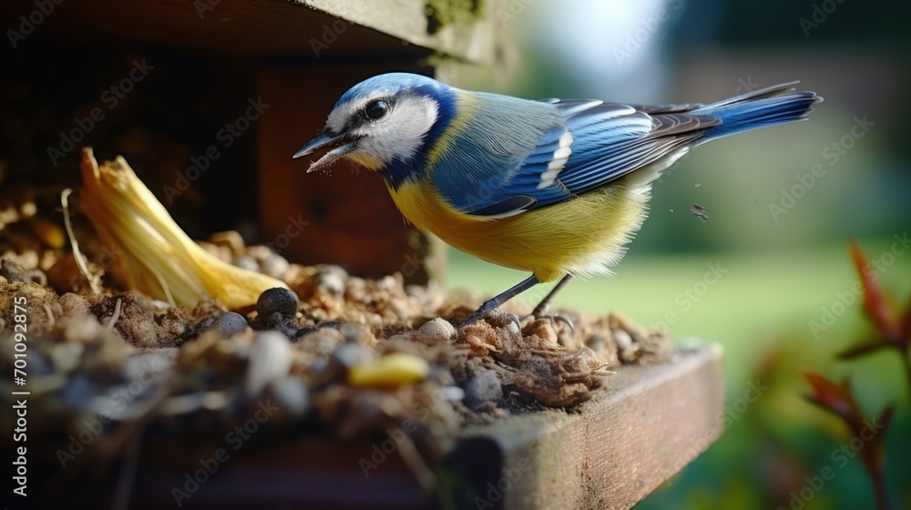 Obraz premium Blue tit (Cyanistes caeruleus) on a bird feeder
