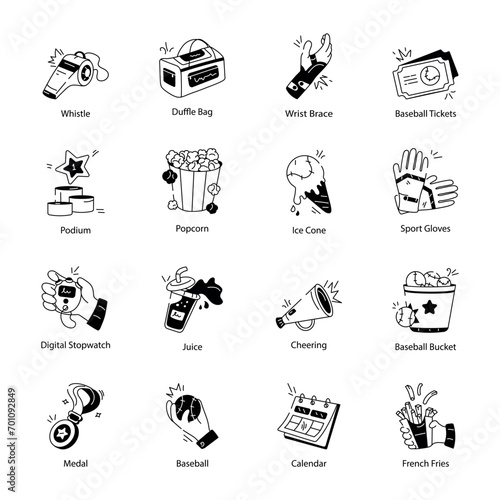 Collection of Baseball Equipment Doodle Icons 

