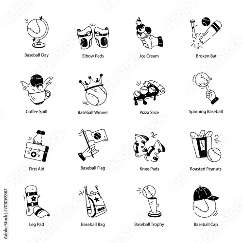 Bundle of Baseball Accessories Doodle Icons 

 photo