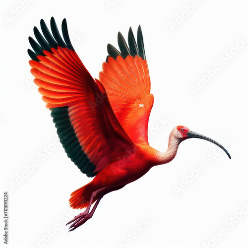 Scarlet ibis wings wide, flying, Ibis escarlata, isolated White background photo