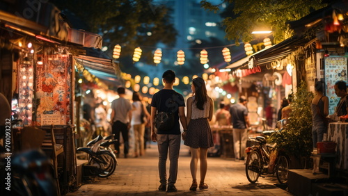 Couple walking in the Night Market with Generative AI  photo