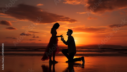 Silhouette of a couple engaged on the beach at dusk with Generative AI