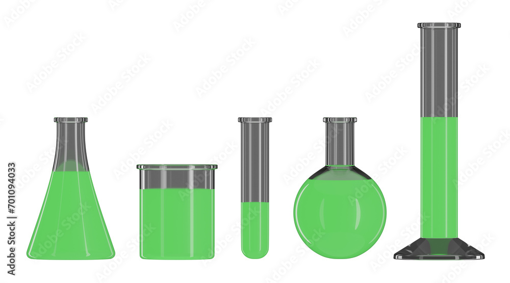 Set of laboratory glass with transparent background, PNG, 3d glassware, test-tube, green fluid Set of laboratory glass with transparent background, PNG, 3d glassware, test-tube, green fluid