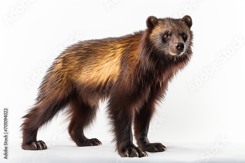 Wolverine standing on a white background. Animal right-side portrait.