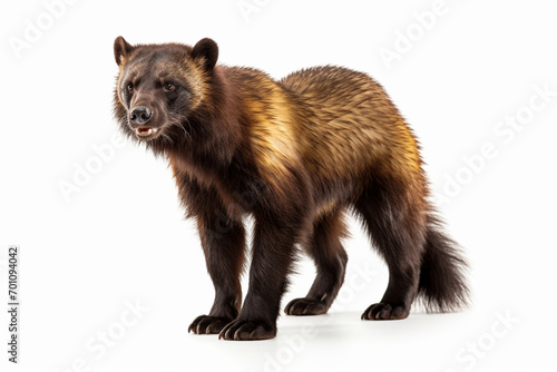 Wolverine standing on a white background. Animal left-side portrait. photo