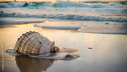 A Beautiful Seashell Resting on the Sandy Beach photo