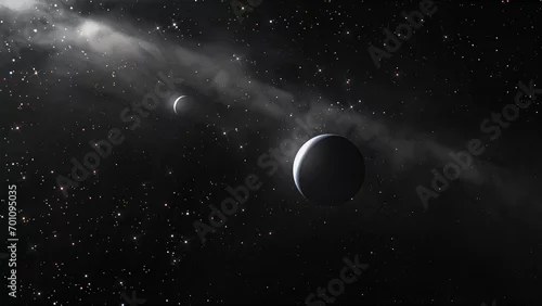 Obraz wizualizacja artystyczna planety z orbitującym wokół niej księżycem pośród międzyplanetarnego pyłu i gazu.