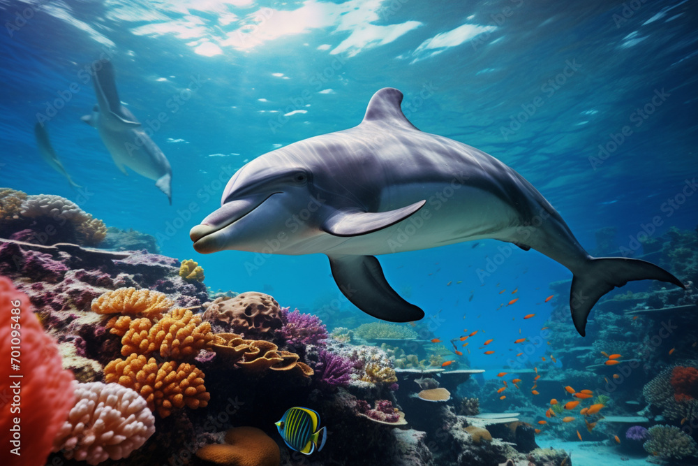 Obraz premium Dolphin swimming underwater in a colorful marine environment. Animal side portrait.
