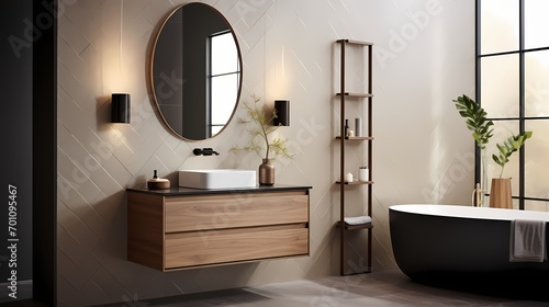 Sleek bathroom design with a floating vanity, frameless mirror, and geometric tile accents