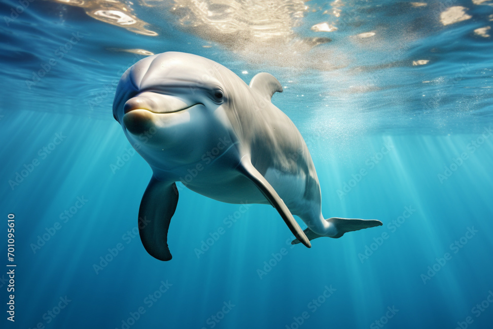 Fototapeta premium Dolphin swimming underwater. Animal front portrait.