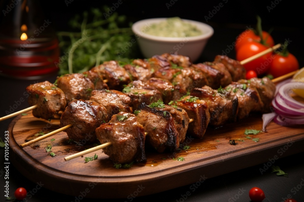 Seasoned symphony Delicious shish kebab, chicken or pork, culinary excellence.
