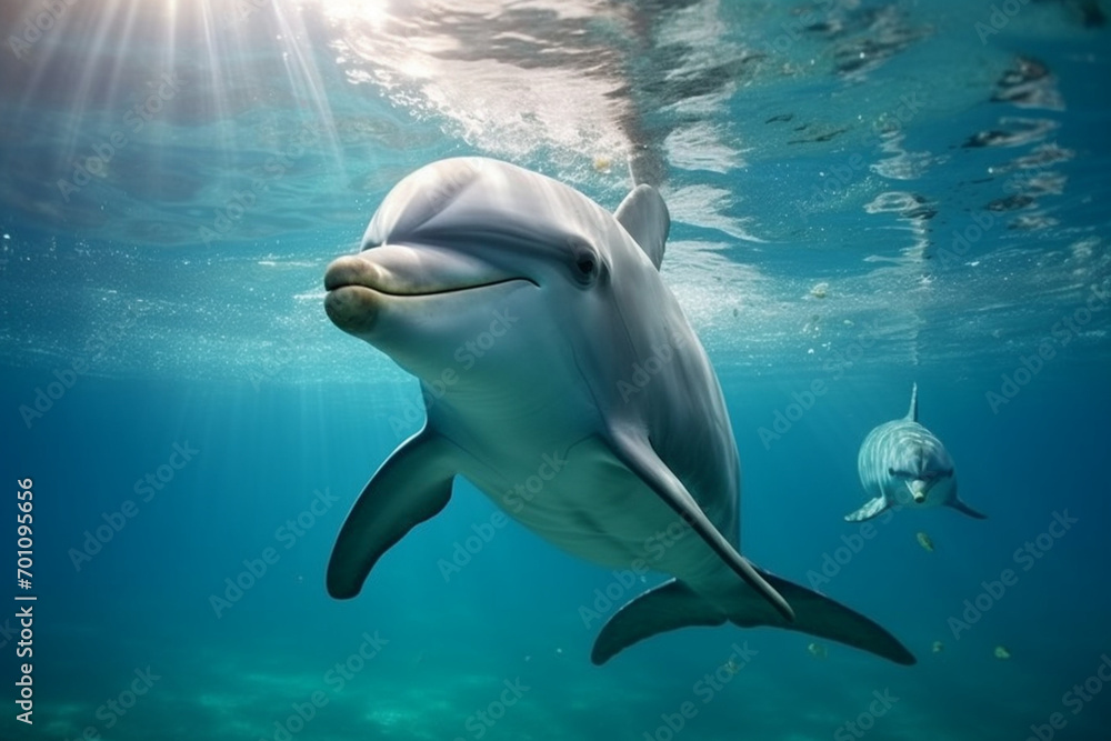 Naklejka premium Dolphin swimming underwater. Animal front portrait.