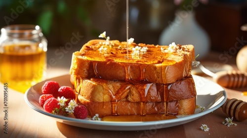 French toast with honey and strawberries on wooden table in morning sunlight